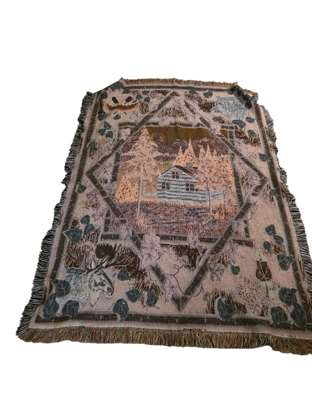 Vintage Log Cabin Throw Blanket With Fringe. Woods Birch Trees